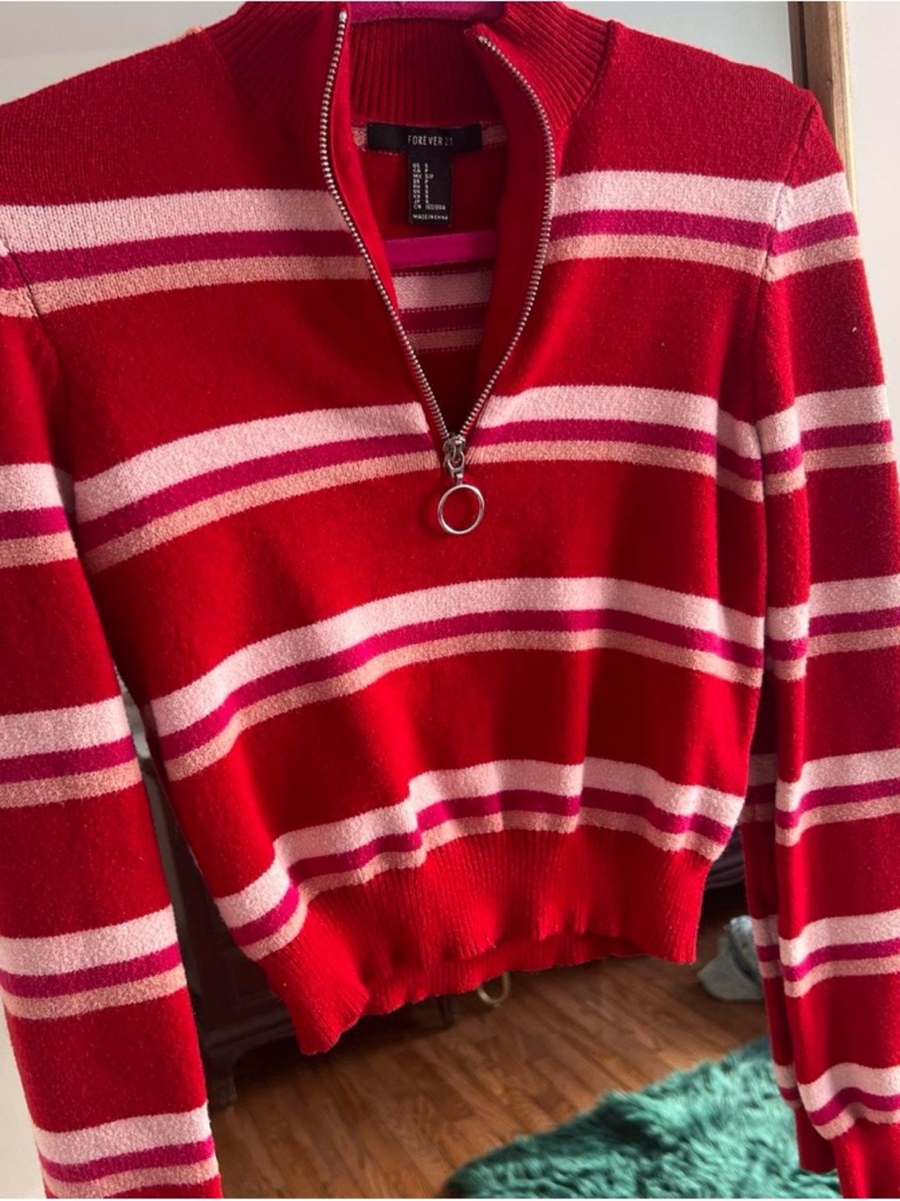 Forever 21 Red Striped Zip-Up Turtleneck Sweater